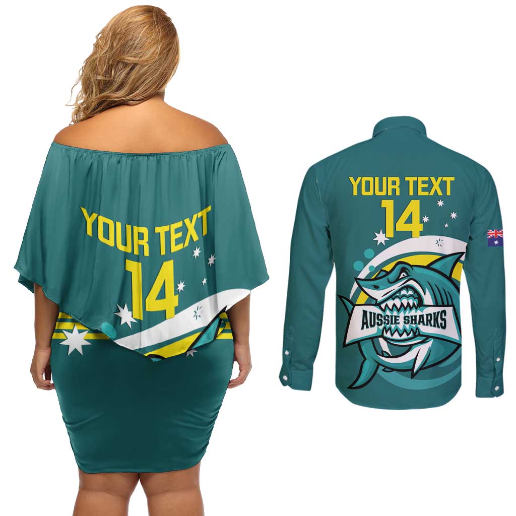 Custom Australia Water Polo 2024 Couples Matching Off Shoulder Short Dress and Long Sleeve Button Shirt Aussie Shark Sporty Version