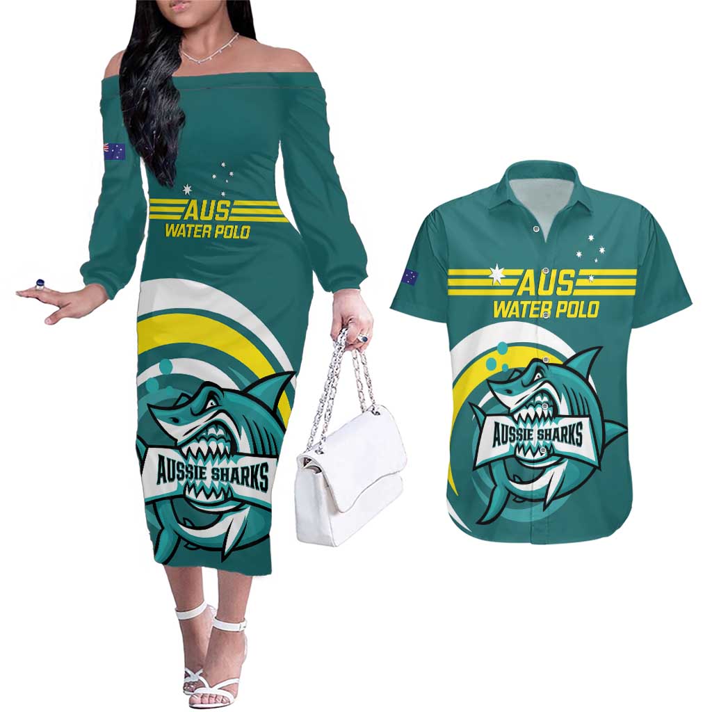 Custom Australia Water Polo 2024 Couples Matching Off The Shoulder Long Sleeve Dress and Hawaiian Shirt Aussie Shark Sporty Version