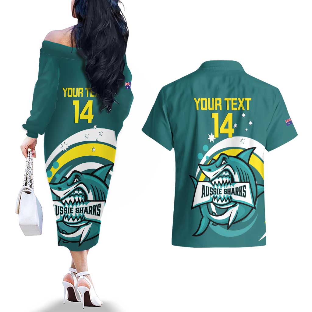 Custom Australia Water Polo 2024 Couples Matching Off The Shoulder Long Sleeve Dress and Hawaiian Shirt Aussie Shark Sporty Version