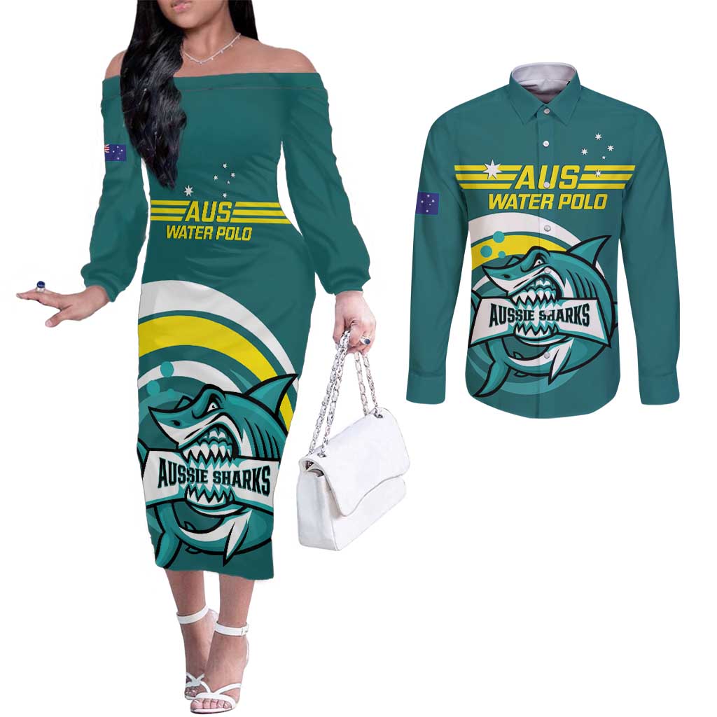 Custom Australia Water Polo 2024 Couples Matching Off The Shoulder Long Sleeve Dress and Long Sleeve Button Shirt Aussie Shark Sporty Version