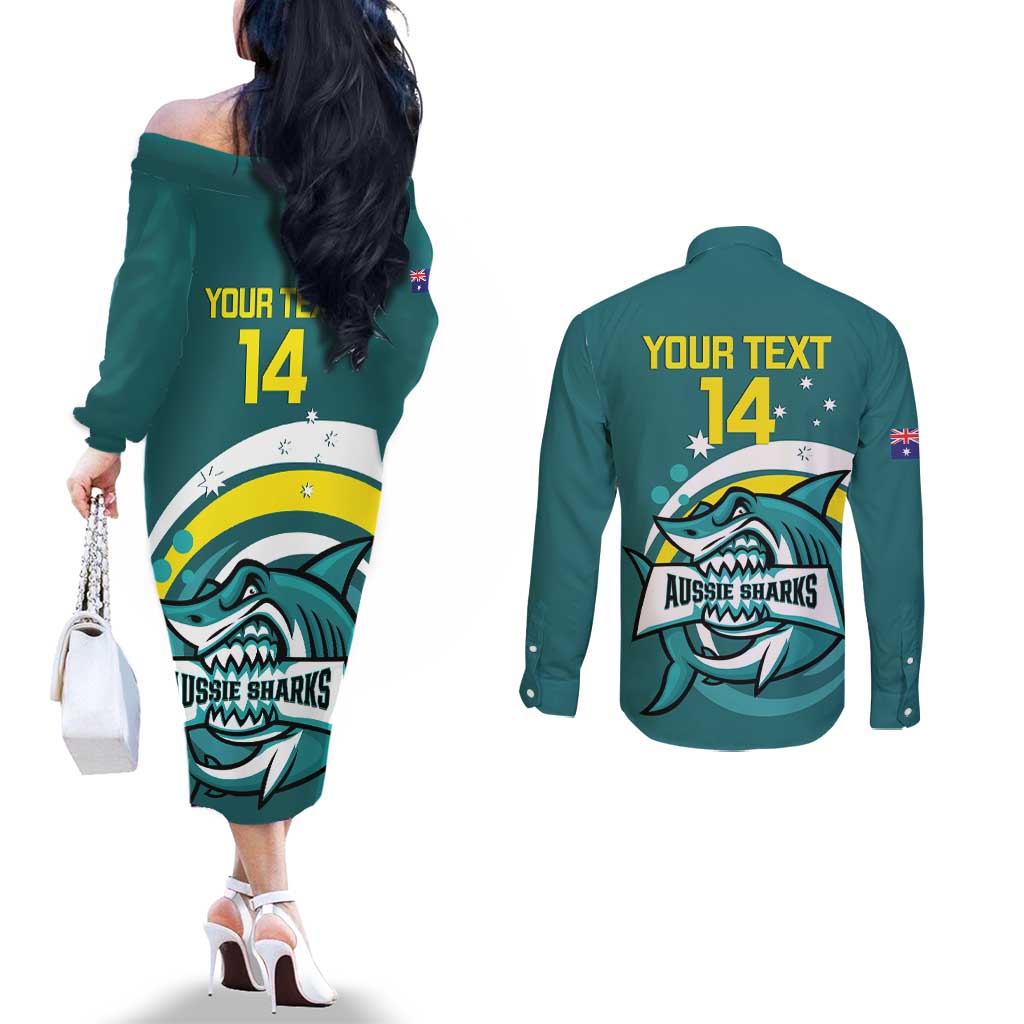 Custom Australia Water Polo 2024 Couples Matching Off The Shoulder Long Sleeve Dress and Long Sleeve Button Shirt Aussie Shark Sporty Version