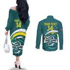Custom Australia Water Polo 2024 Couples Matching Off The Shoulder Long Sleeve Dress and Long Sleeve Button Shirt Aussie Shark Sporty Version