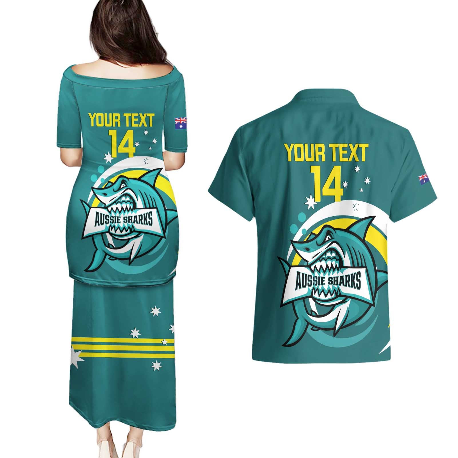 Custom Australia Water Polo 2024 Couples Matching Puletasi and Hawaiian Shirt Aussie Shark Sporty Version