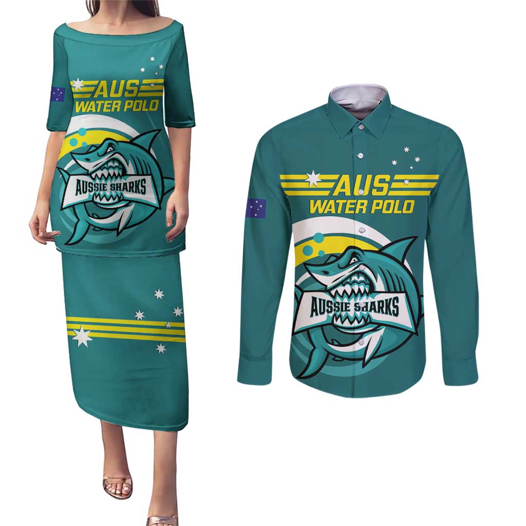 Custom Australia Water Polo 2024 Couples Matching Puletasi and Long Sleeve Button Shirt Aussie Shark Sporty Version