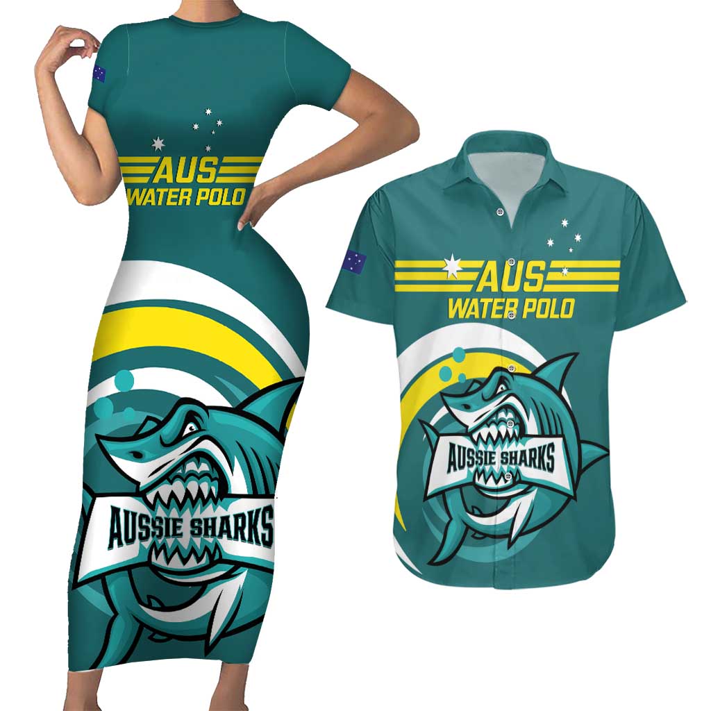 Custom Australia Water Polo 2024 Couples Matching Short Sleeve Bodycon Dress and Hawaiian Shirt Aussie Shark Sporty Version