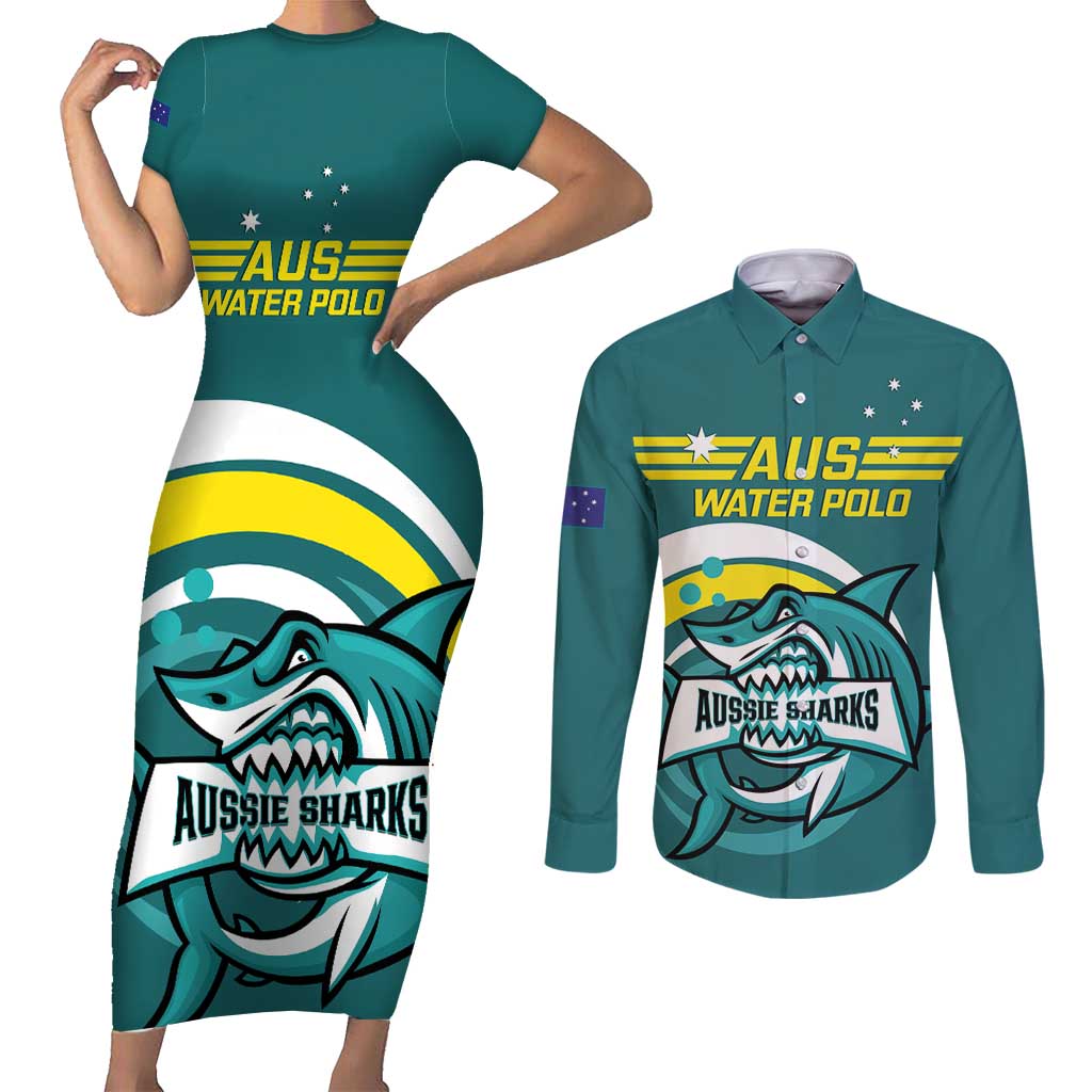 Custom Australia Water Polo 2024 Couples Matching Short Sleeve Bodycon Dress and Long Sleeve Button Shirt Aussie Shark Sporty Version
