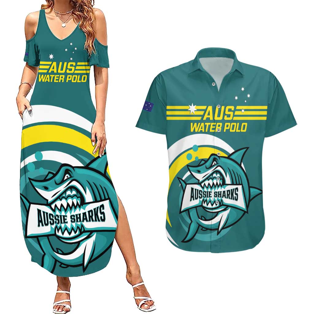 Custom Australia Water Polo 2024 Couples Matching Summer Maxi Dress and Hawaiian Shirt Aussie Shark Sporty Version