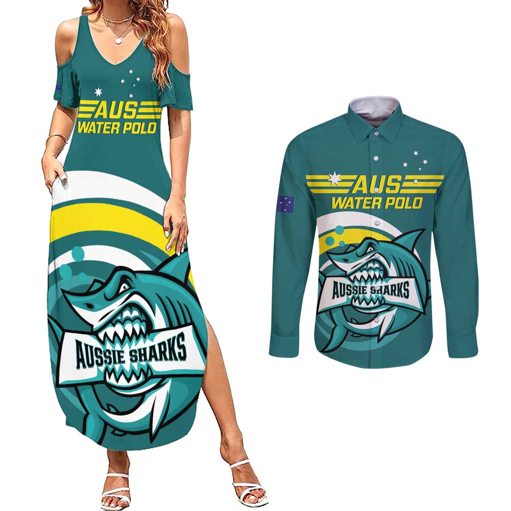 Custom Australia Water Polo 2024 Couples Matching Summer Maxi Dress and Long Sleeve Button Shirt Aussie Shark Sporty Version