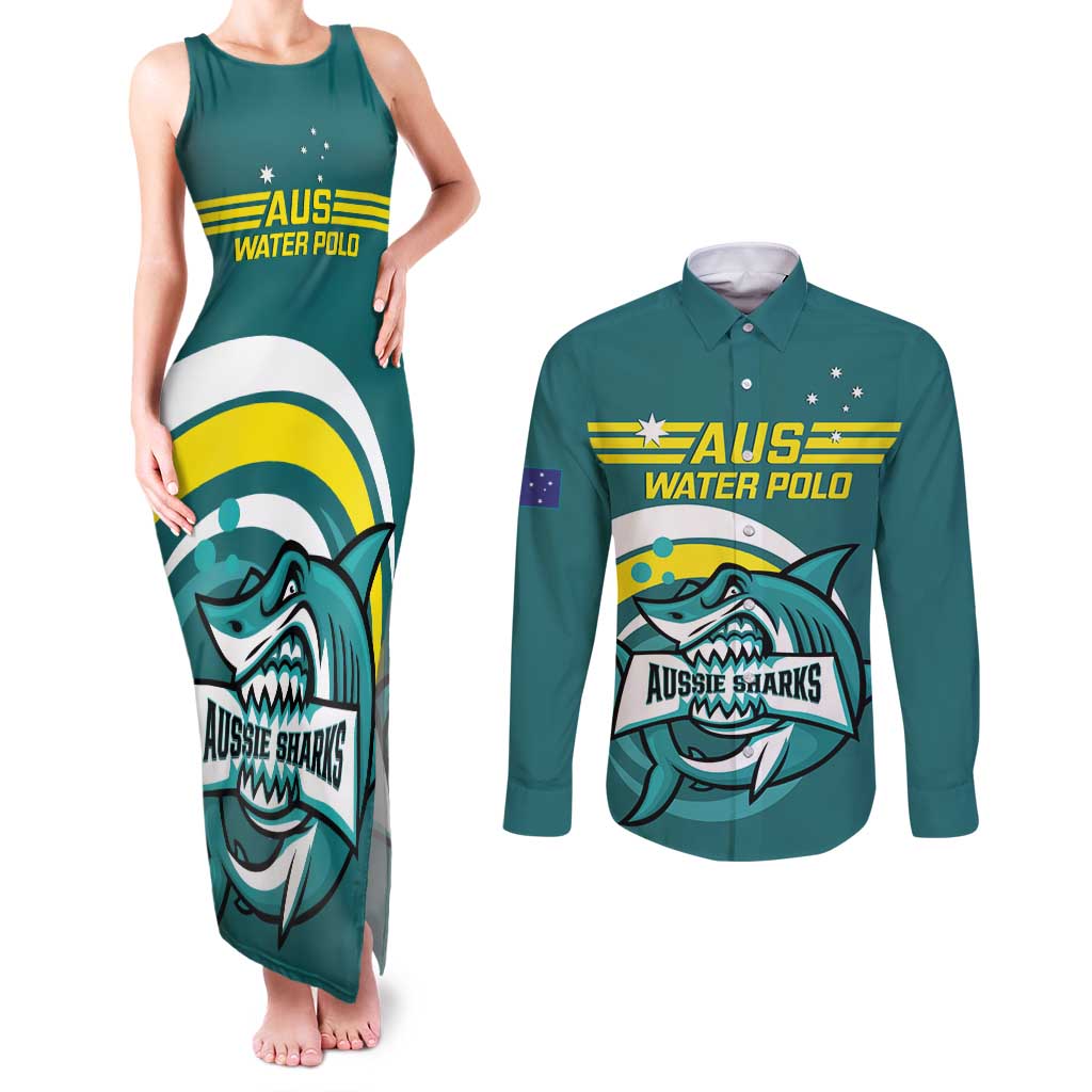Custom Australia Water Polo 2024 Couples Matching Tank Maxi Dress and Long Sleeve Button Shirt Aussie Shark Sporty Version