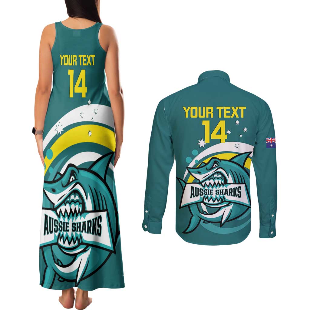Custom Australia Water Polo 2024 Couples Matching Tank Maxi Dress and Long Sleeve Button Shirt Aussie Shark Sporty Version