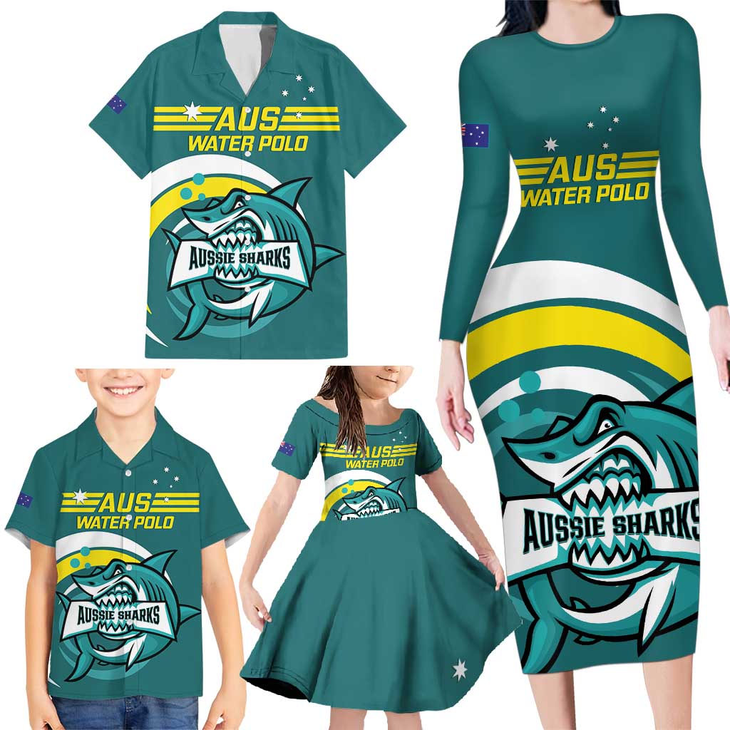 Custom Australia Water Polo 2024 Family Matching Long Sleeve Bodycon Dress and Hawaiian Shirt Aussie Shark Sporty Version