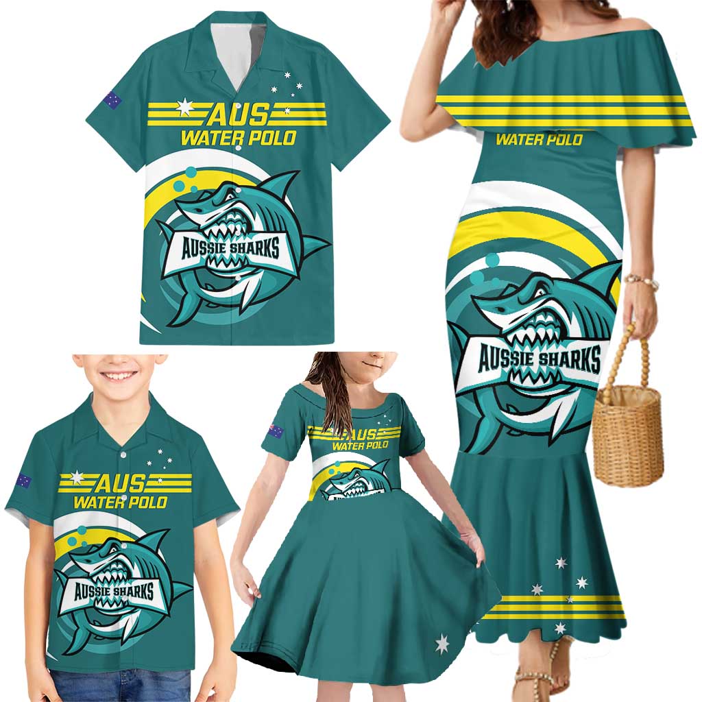 Custom Australia Water Polo 2024 Family Matching Mermaid Dress and Hawaiian Shirt Aussie Shark Sporty Version