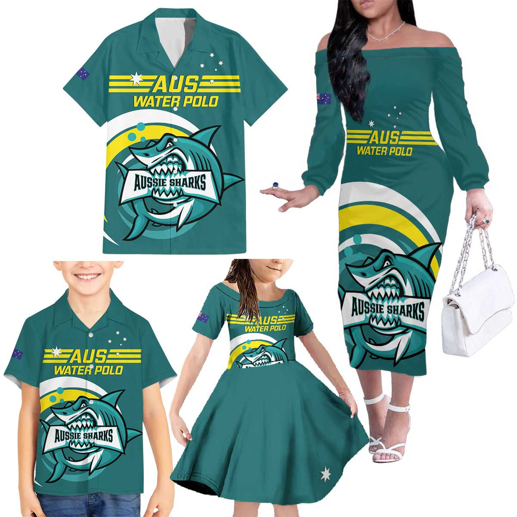 Custom Australia Water Polo 2024 Family Matching Off The Shoulder Long Sleeve Dress and Hawaiian Shirt Aussie Shark Sporty Version