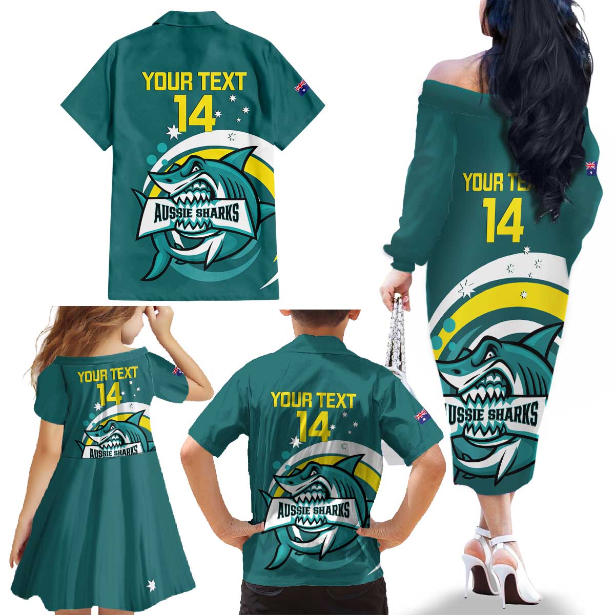 Custom Australia Water Polo 2024 Family Matching Off The Shoulder Long Sleeve Dress and Hawaiian Shirt Aussie Shark Sporty Version