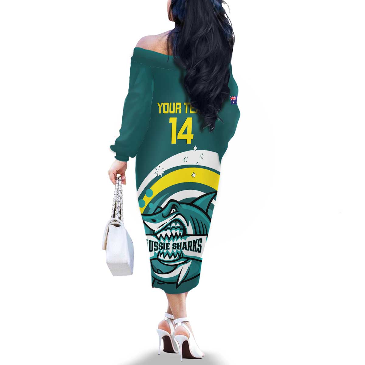 Custom Australia Water Polo 2024 Family Matching Off The Shoulder Long Sleeve Dress and Hawaiian Shirt Aussie Shark Sporty Version