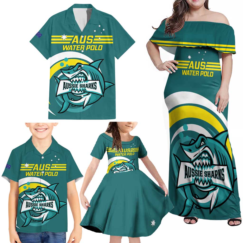 Custom Australia Water Polo 2024 Family Matching Off Shoulder Maxi Dress and Hawaiian Shirt Aussie Shark Sporty Version