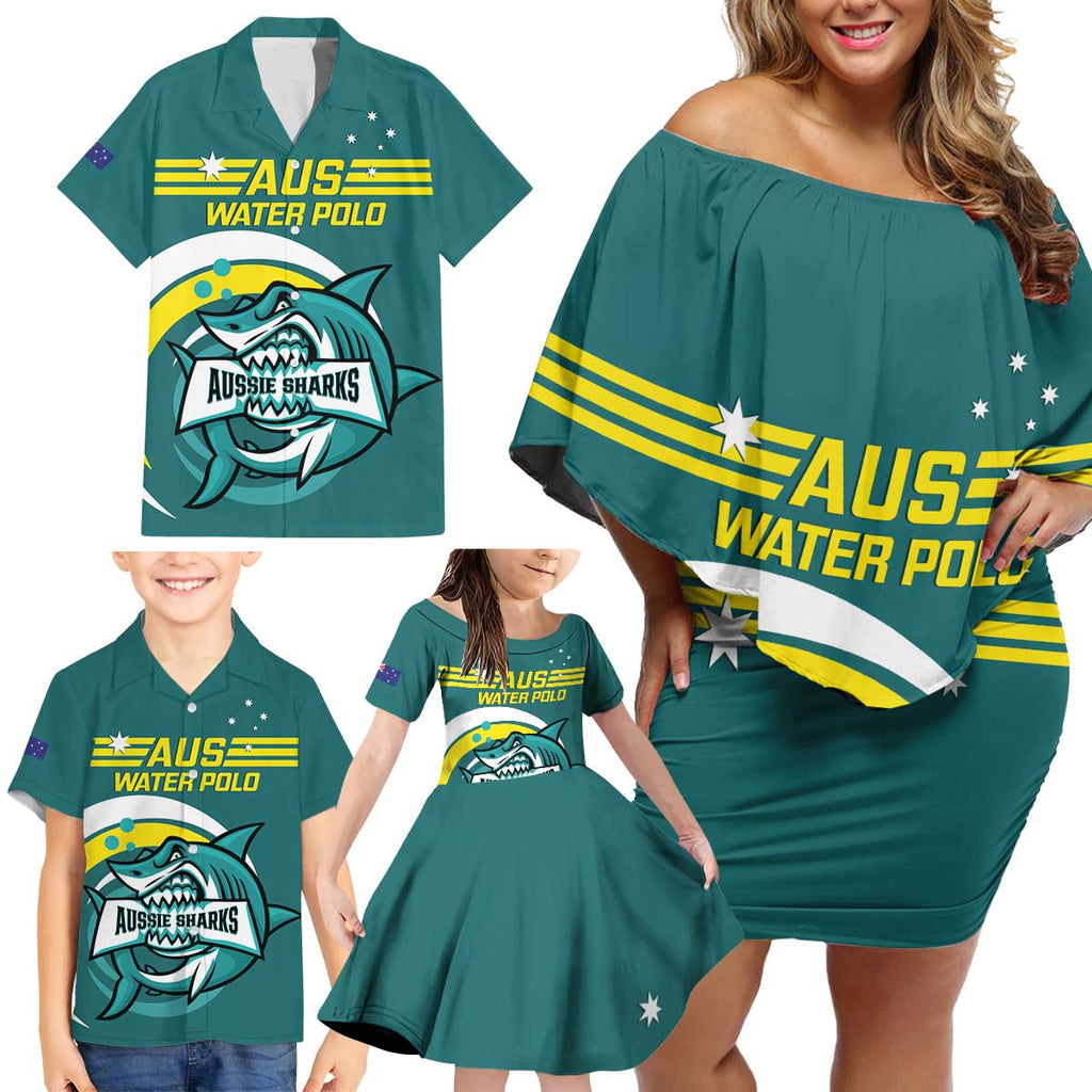 Custom Australia Water Polo 2024 Family Matching Off Shoulder Short Dress and Hawaiian Shirt Aussie Shark Sporty Version