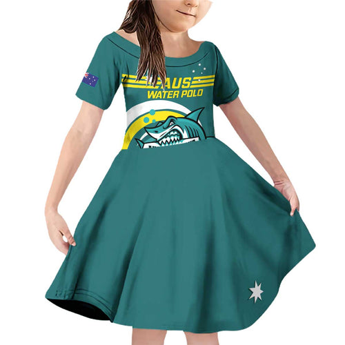 Custom Australia Water Polo 2024 Family Matching Off Shoulder Short Dress and Hawaiian Shirt Aussie Shark Sporty Version