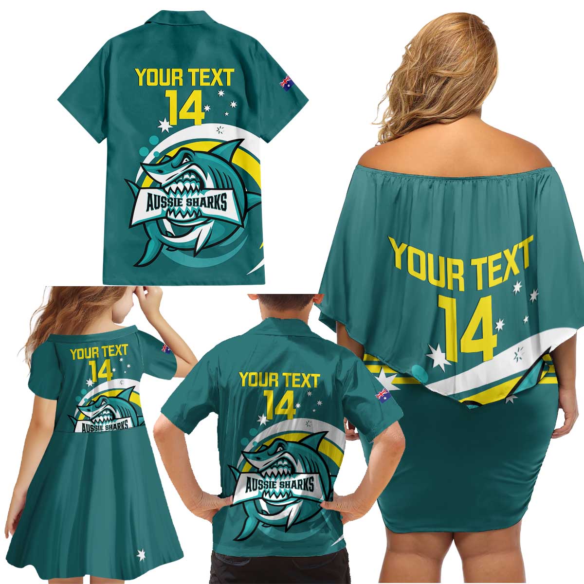 Custom Australia Water Polo 2024 Family Matching Off Shoulder Short Dress and Hawaiian Shirt Aussie Shark Sporty Version