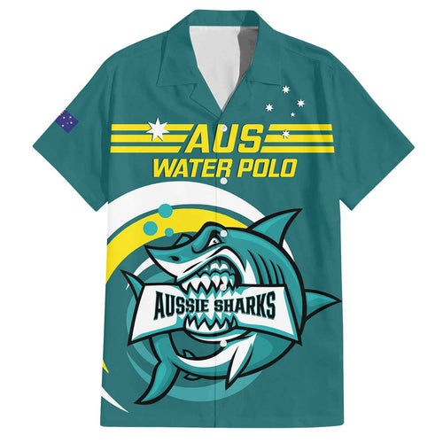 Custom Australia Water Polo 2024 Family Matching Off Shoulder Short Dress and Hawaiian Shirt Aussie Shark Sporty Version