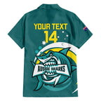 Custom Australia Water Polo 2024 Family Matching Off Shoulder Short Dress and Hawaiian Shirt Aussie Shark Sporty Version