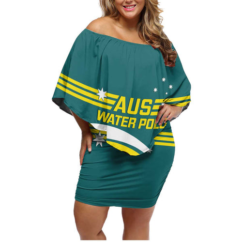 Custom Australia Water Polo 2024 Family Matching Off Shoulder Short Dress and Hawaiian Shirt Aussie Shark Sporty Version