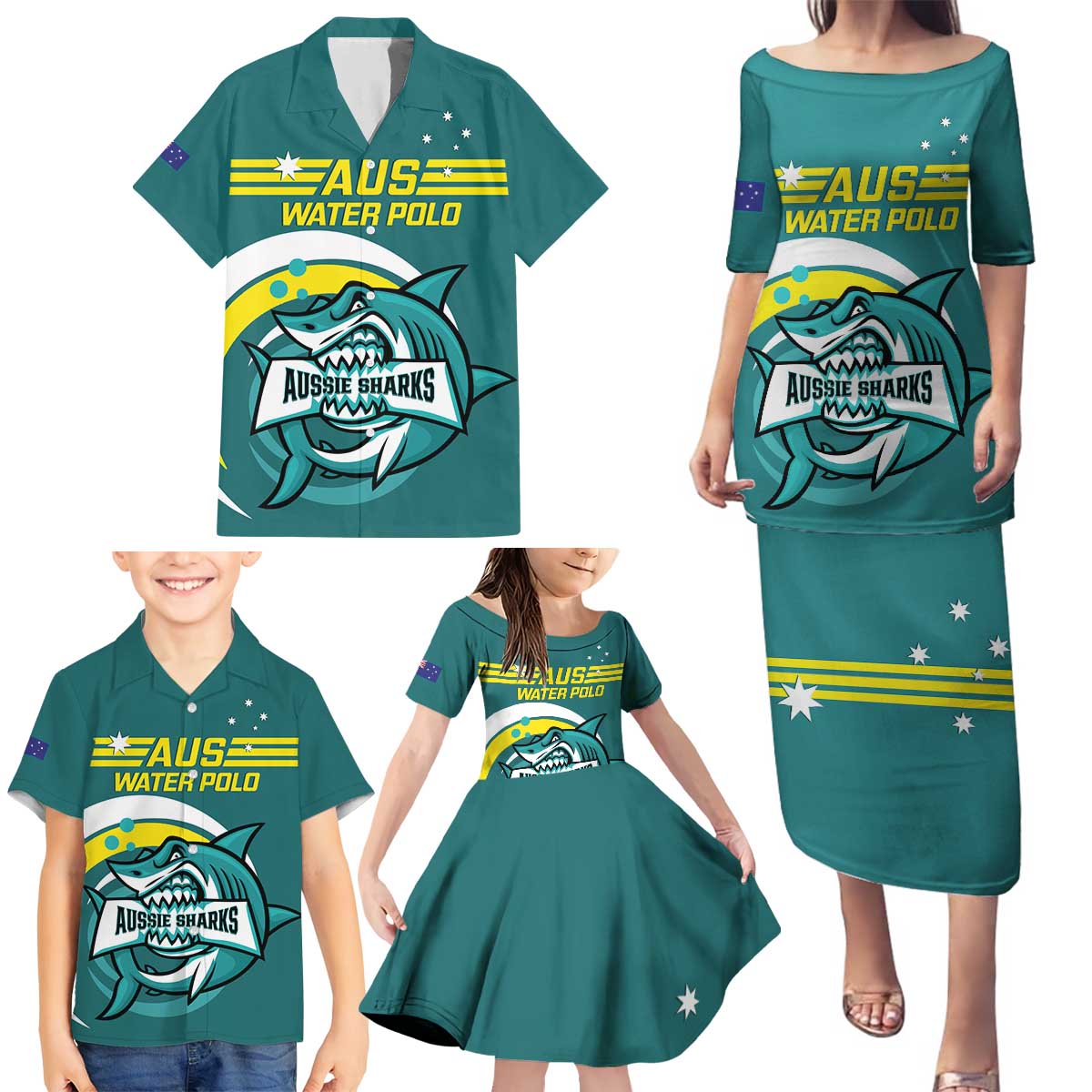 Custom Australia Water Polo 2024 Family Matching Puletasi and Hawaiian Shirt Aussie Shark Sporty Version