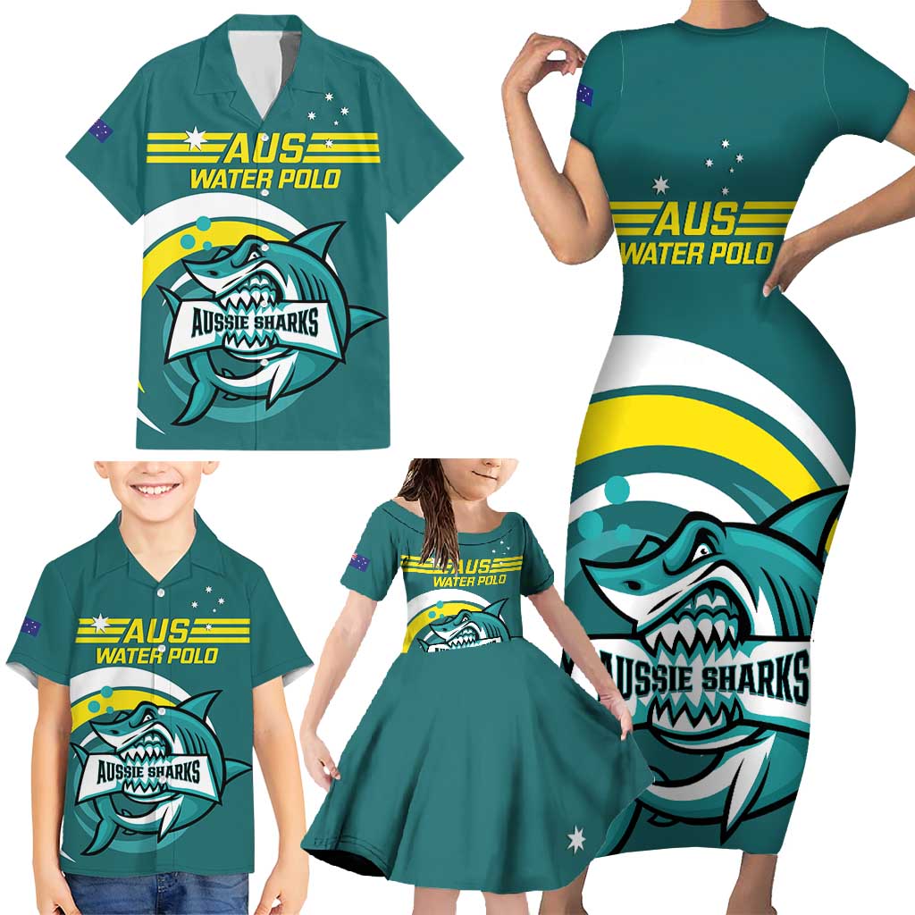 Custom Australia Water Polo 2024 Family Matching Short Sleeve Bodycon Dress and Hawaiian Shirt Aussie Shark Sporty Version