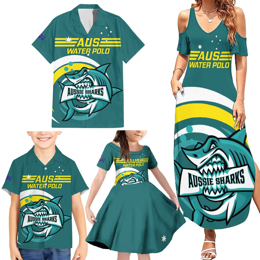Custom Australia Water Polo 2024 Family Matching Summer Maxi Dress and Hawaiian Shirt Aussie Shark Sporty Version