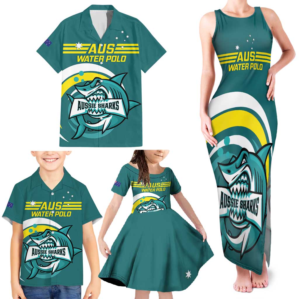 Custom Australia Water Polo 2024 Family Matching Tank Maxi Dress and Hawaiian Shirt Aussie Shark Sporty Version