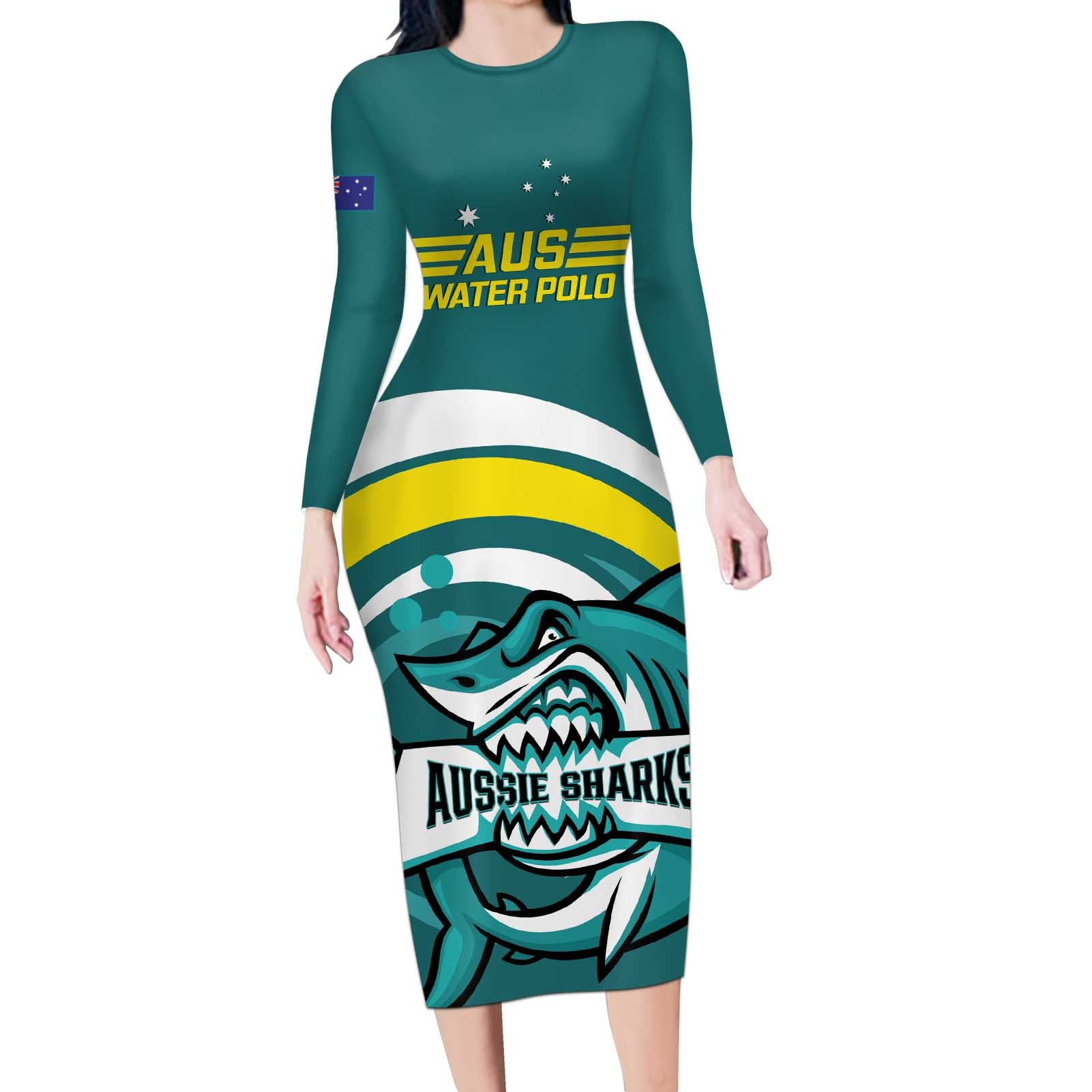 Custom Australia Water Polo 2024 Long Sleeve Bodycon Dress Aussie Shark Sporty Version