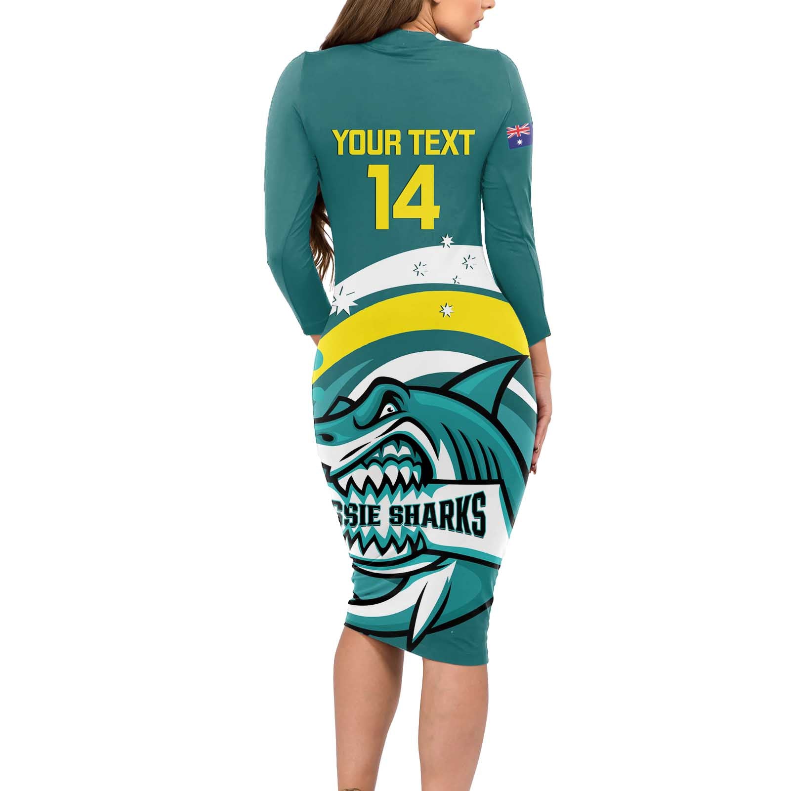 Custom Australia Water Polo 2024 Long Sleeve Bodycon Dress Aussie Shark Sporty Version