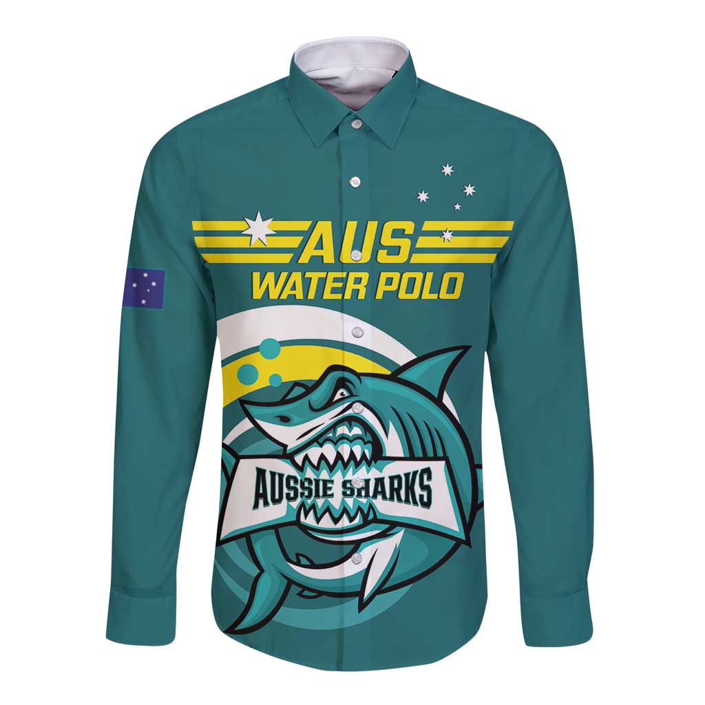 Custom Australia Water Polo 2024 Long Sleeve Button Shirt Aussie Shark Sporty Version