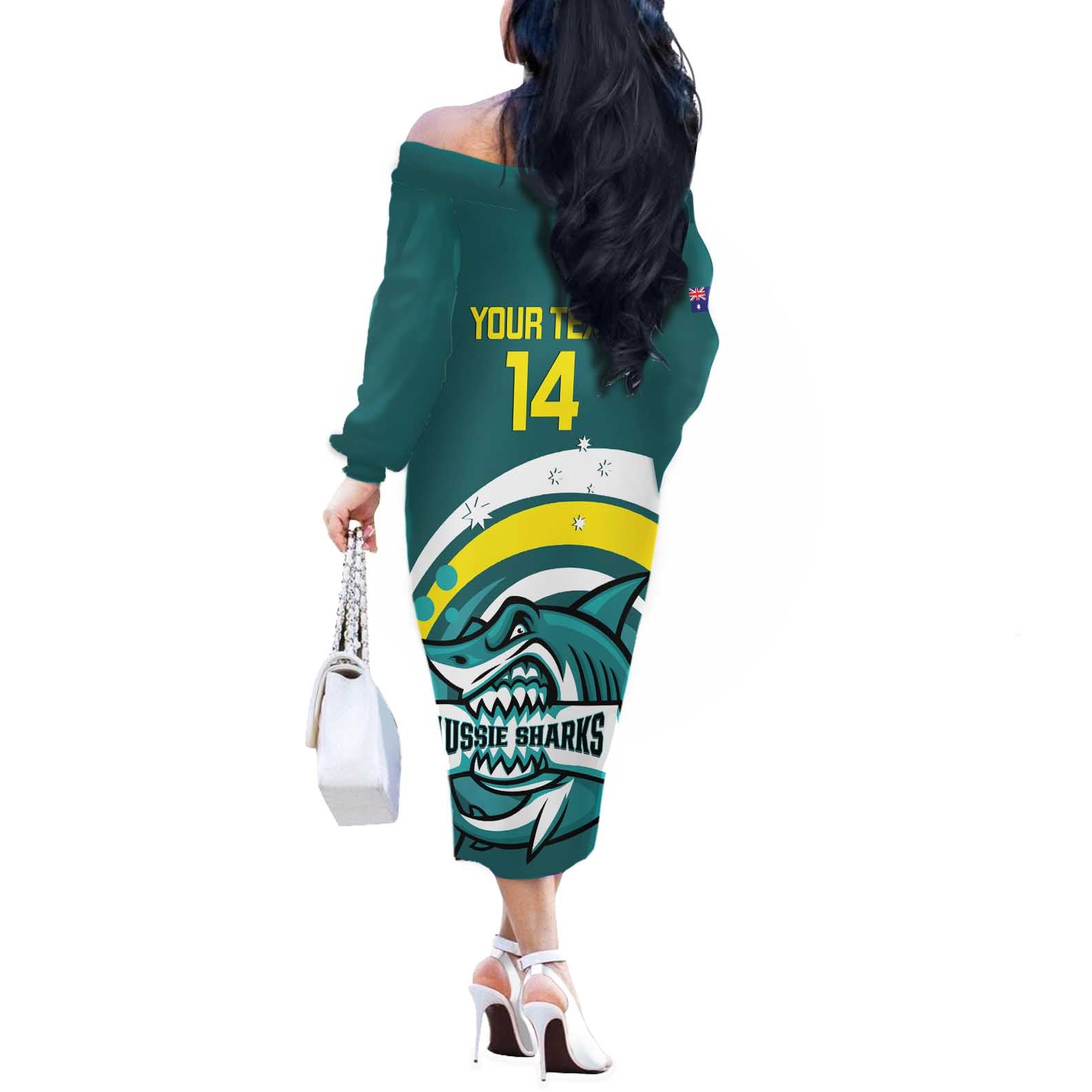 Custom Australia Water Polo 2024 Off The Shoulder Long Sleeve Dress Aussie Shark Sporty Version