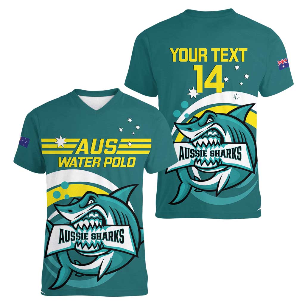 Custom Australia Water Polo 2024 Women V-Neck T-Shirt Aussie Shark Sporty Version