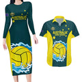 Custom Australia Water Polo 2024 Couples Matching Long Sleeve Bodycon Dress and Hawaiian Shirt Aussie Shark National Color Version