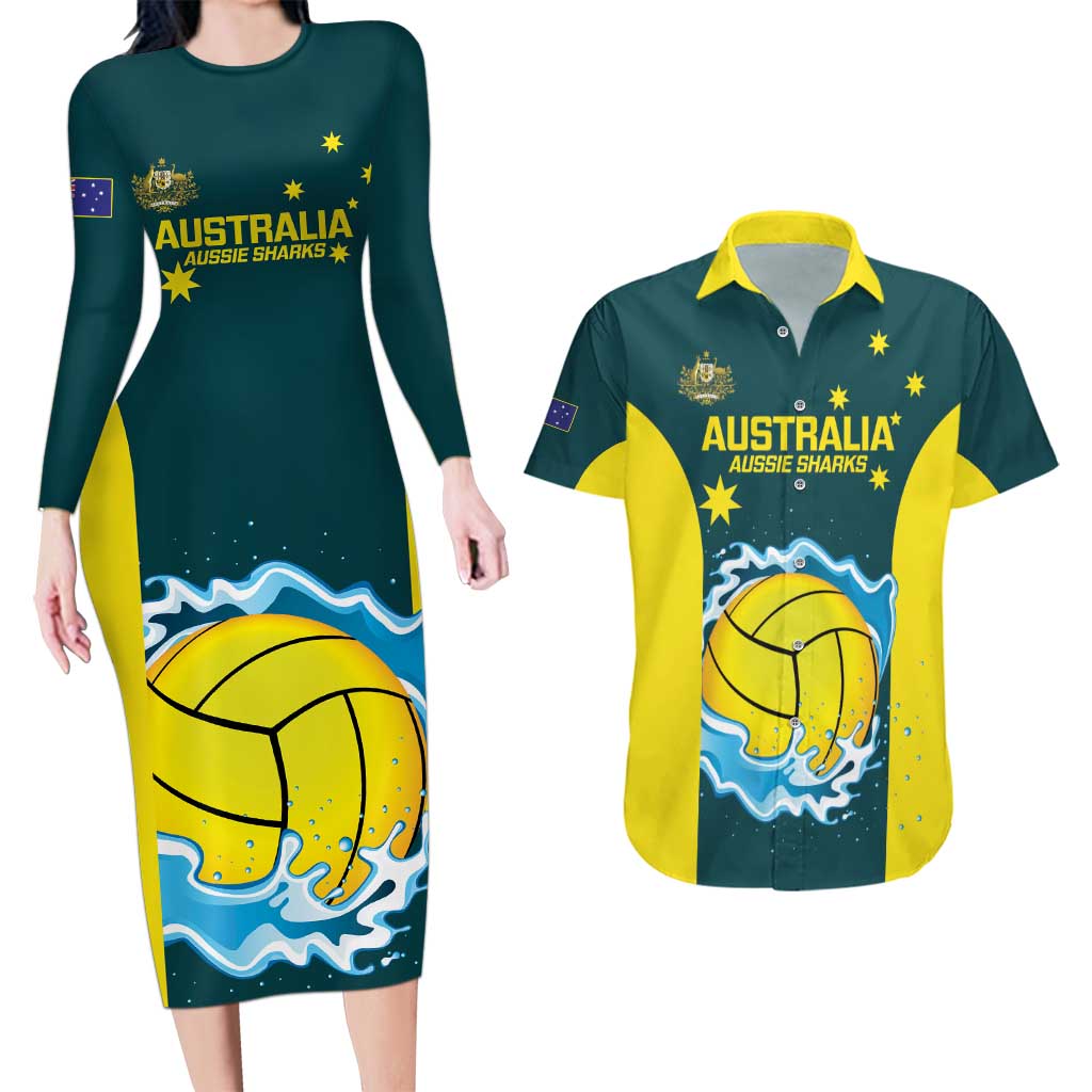 Custom Australia Water Polo 2024 Couples Matching Long Sleeve Bodycon Dress and Hawaiian Shirt Aussie Shark National Color Version