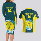 Custom Australia Water Polo 2024 Couples Matching Long Sleeve Bodycon Dress and Hawaiian Shirt Aussie Shark National Color Version