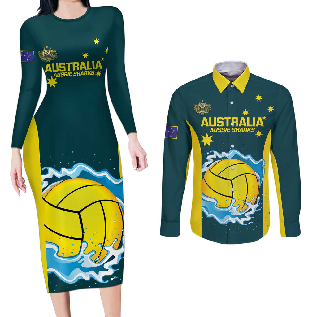 Custom Australia Water Polo 2024 Couples Matching Long Sleeve Bodycon Dress and Long Sleeve Button Shirt Aussie Shark National Color Version