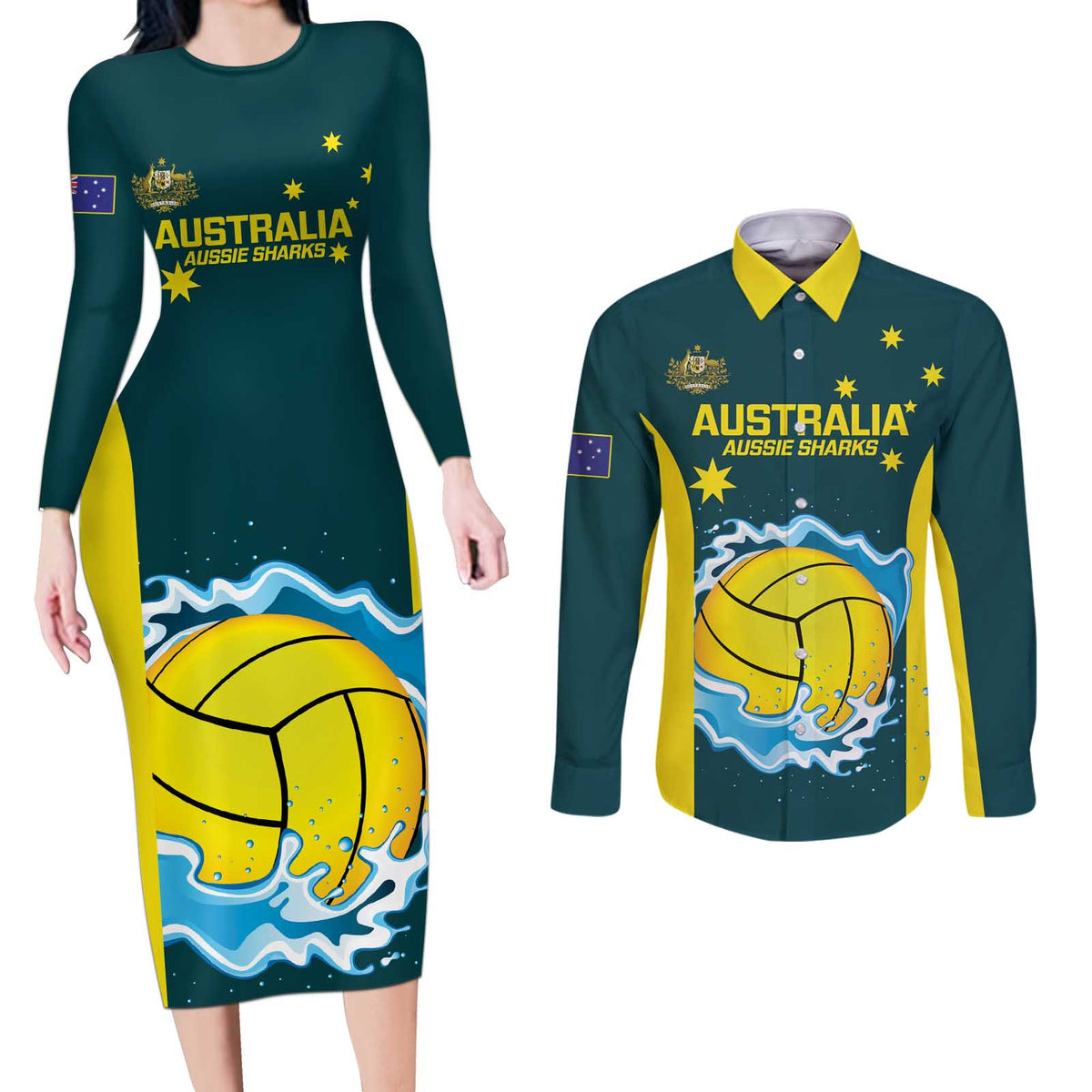 Custom Australia Water Polo 2024 Couples Matching Long Sleeve Bodycon Dress and Long Sleeve Button Shirt Aussie Shark National Color Version