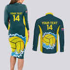 Custom Australia Water Polo 2024 Couples Matching Long Sleeve Bodycon Dress and Long Sleeve Button Shirt Aussie Shark National Color Version