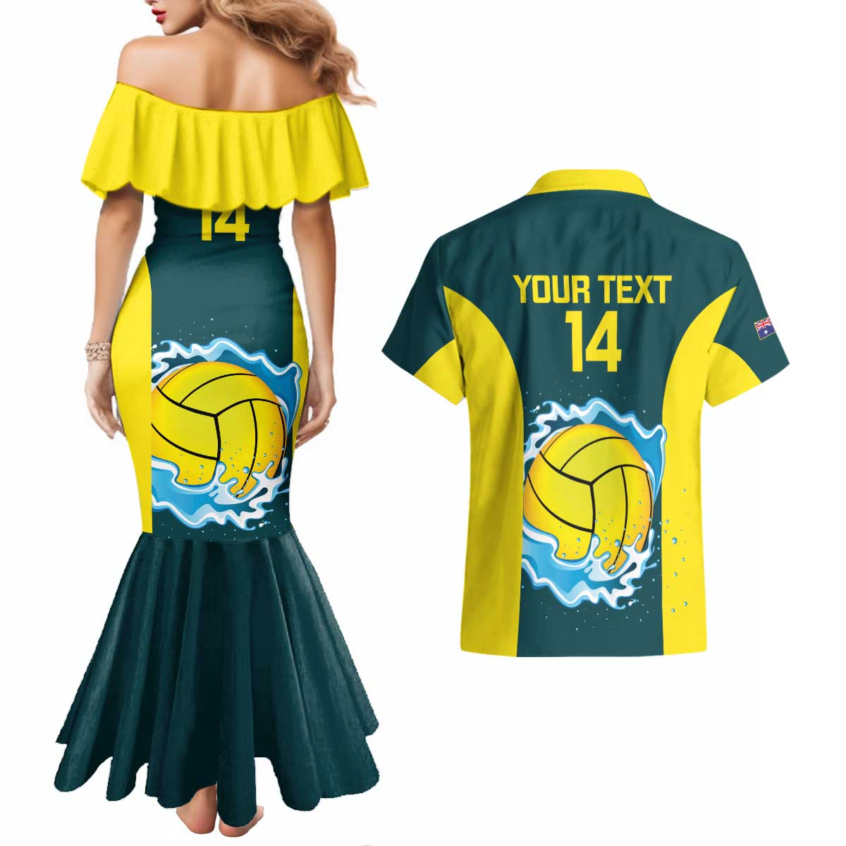 Custom Australia Water Polo 2024 Couples Matching Mermaid Dress and Hawaiian Shirt Aussie Shark National Color Version