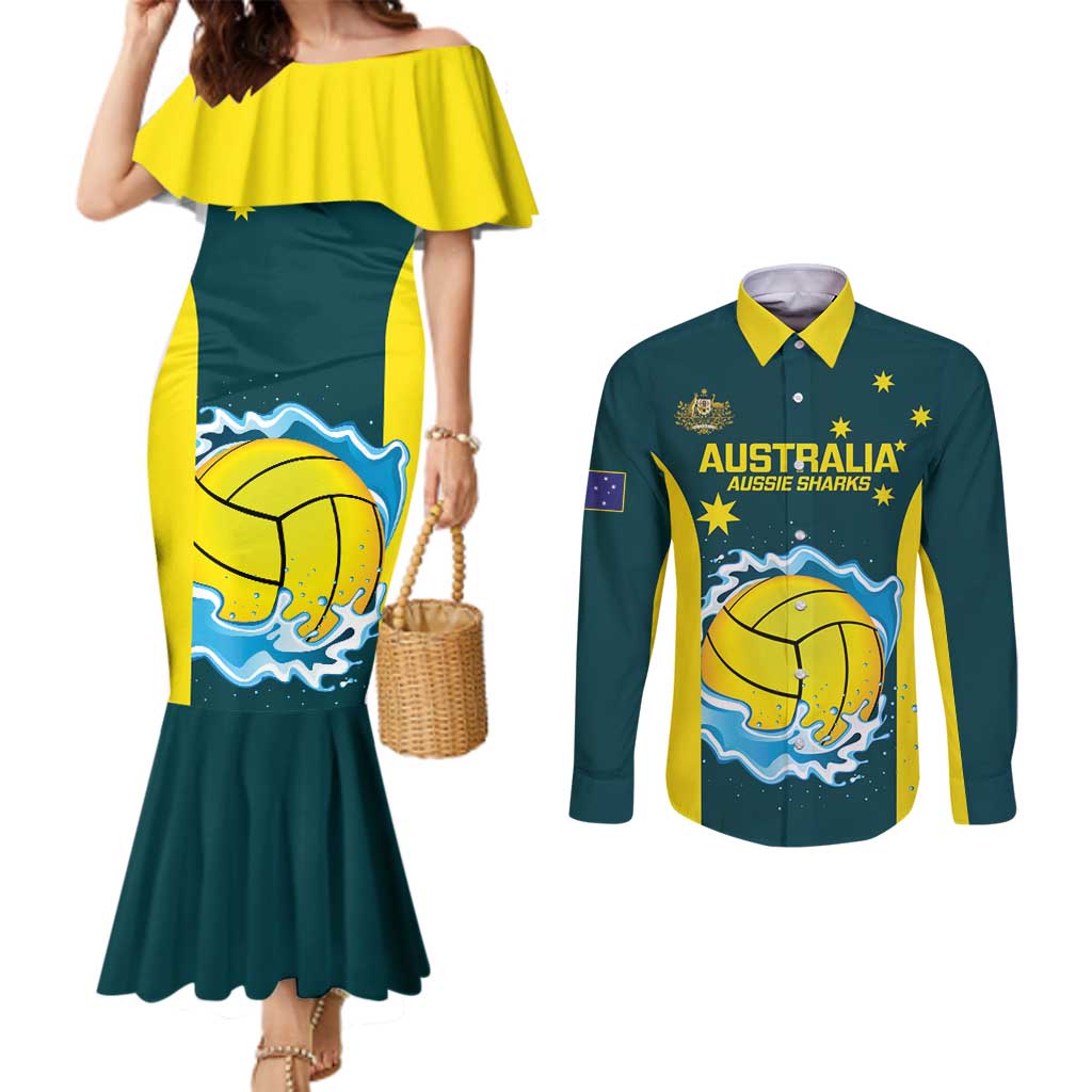 Custom Australia Water Polo 2024 Couples Matching Mermaid Dress and Long Sleeve Button Shirt Aussie Shark National Color Version