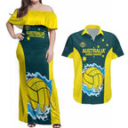 Custom Australia Water Polo 2024 Couples Matching Off Shoulder Maxi Dress and Hawaiian Shirt Aussie Shark National Color Version
