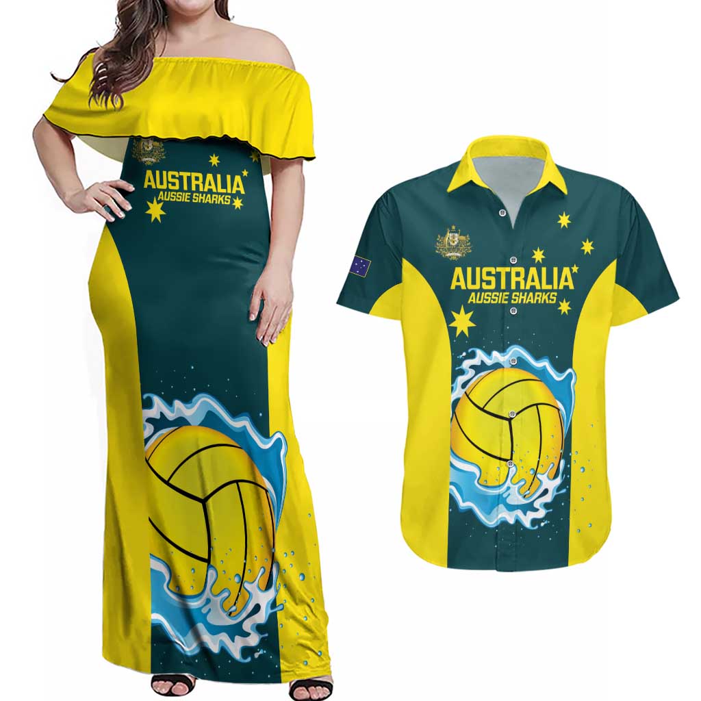 Custom Australia Water Polo 2024 Couples Matching Off Shoulder Maxi Dress and Hawaiian Shirt Aussie Shark National Color Version