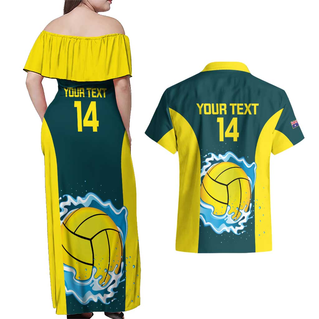 Custom Australia Water Polo 2024 Couples Matching Off Shoulder Maxi Dress and Hawaiian Shirt Aussie Shark National Color Version