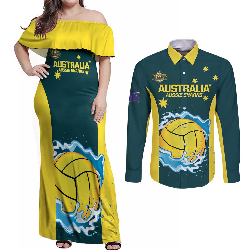 Custom Australia Water Polo 2024 Couples Matching Off Shoulder Maxi Dress and Long Sleeve Button Shirt Aussie Shark National Color Version
