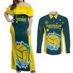 Custom Australia Water Polo 2024 Couples Matching Off Shoulder Maxi Dress and Long Sleeve Button Shirt Aussie Shark National Color Version