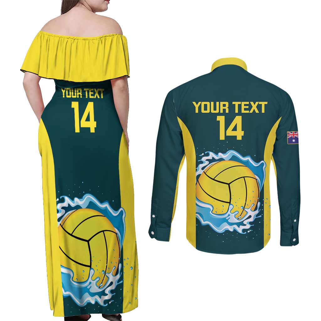 Custom Australia Water Polo 2024 Couples Matching Off Shoulder Maxi Dress and Long Sleeve Button Shirt Aussie Shark National Color Version