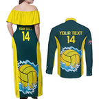 Custom Australia Water Polo 2024 Couples Matching Off Shoulder Maxi Dress and Long Sleeve Button Shirt Aussie Shark National Color Version